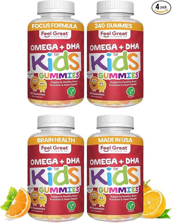 Feel Great Vitamins Kids DHA Gummies with Omega 3 6 9, Vitamin C | Supports Healthy Brain Function, Vision & Heart Health | Gluten Free, Vegetarian | 60 Gummies