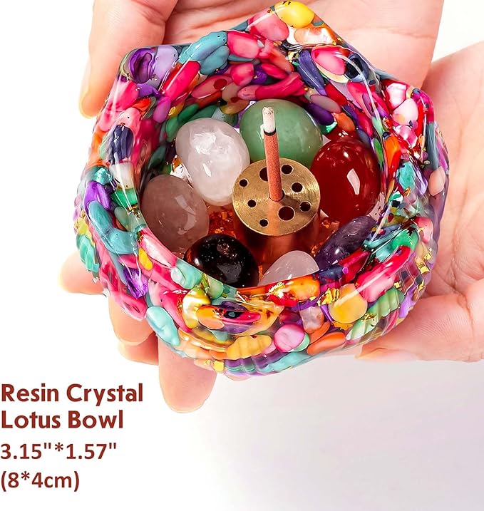 Incense Holder Burner 40 Incense Sticks Resin Crystal Lotus Flower Incense Holder for Inserting Incense Removable Ash Collector for Meditation Room and Home Decor (Colorful, 3.15")