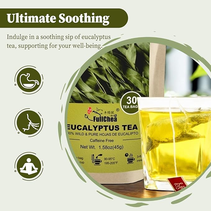 FullChea - Natural Eucalyptus Tea Bag 30 Teabags, 1.5g/bag - Premium Hojas de Eucalipto - Non-GMO - Caffeine-free - Boost Respiratory Health