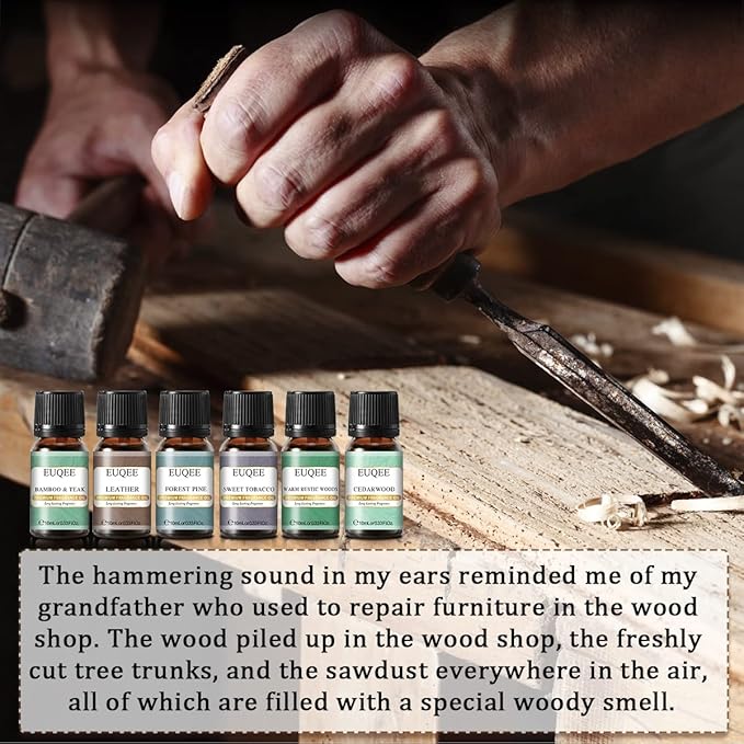 EUQEE Fragrance Oils Gift Set Premium Woody Scented Oil - Forest Pine, Warm Rustic Woods, Bamboo & Teak, Cedarwood, Leather, Sweet Tobacc(Honeyed Haze), for Diffuser, Soap Making, Candle - 6x10ml