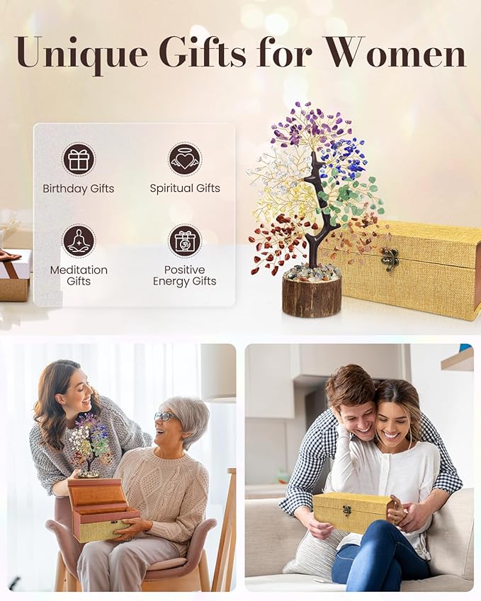 7 Chakra Crystal Tree of Life - Unique Birthday Gifts for Women, Chakra Crystal Trees for Home Decor, Office Desk Decor, Positive Energy Spiritual Cleansing Crystals and Healing Stones, Orgone Pyramid