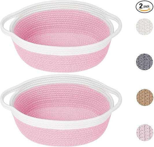 2 Pack Small Woven Storage Basket with Handles 12"x8"x5", Decorative Rope Bin for Home Organization, Shelf Storage,Cotton Rope Room Shelf Storage Basket with Handles