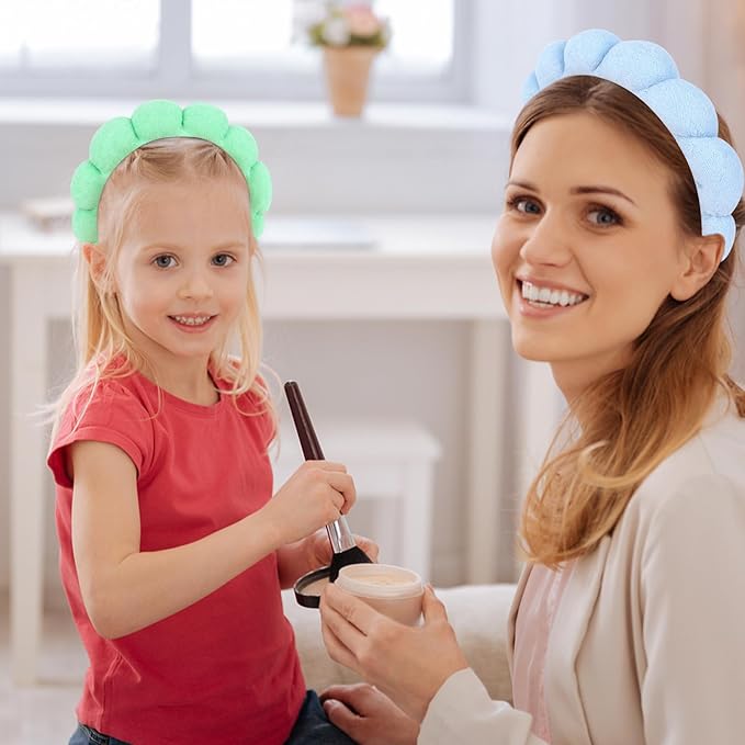 AMCAMI Puffy Spa Headband for Women Sponge Headbands for Girls 2 PCS Terry Towel Cloth Fabric Head Band for Skincare,Makeup Removal,Face Washing,Facial Mask,Shower,Hair Accessories（Blue&Light Green）