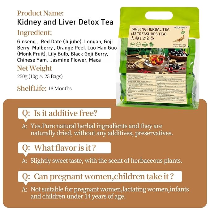 Premium Ginseng Tea - Natural Organic Kidney and Liver Detox Tea - 12 Herbal Blend with Goji Berry，Jujube, Longan, Mulberry & Maca - Caffeine & Sugar Free - 25 Individually Wrapped Pyramid Large Tea Bags (250g)