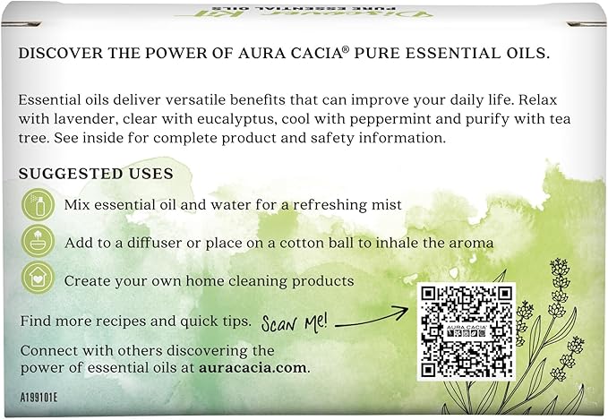 Aura Cacia Discover Essential Oils Kit, 4-Pack, Lavender, Eucalyptus, Peppermint & Tea Tree Oils, Excellent Starter Set
