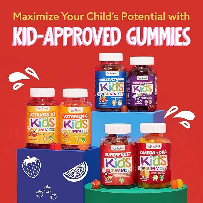 Feel Great Vitamins Kids DHA Gummies with Omega 3 6 9, Vitamin C | Supports Healthy Brain Function, Vision & Heart Health | Gluten Free, Vegetarian | 60 Gummies