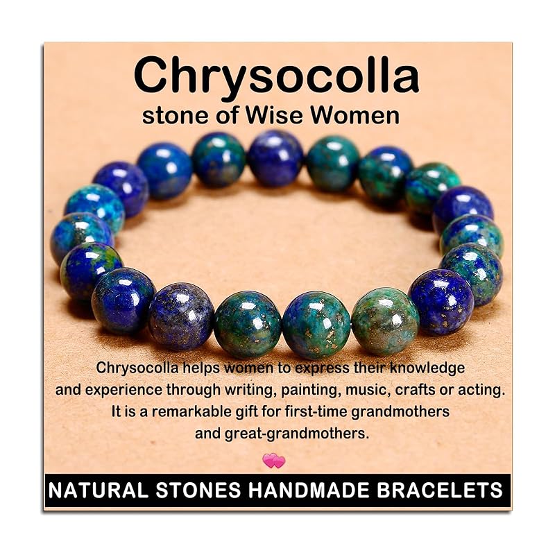 AD Beads Handmade Gemstone Stretch Elastic Bracelet Crystal Healing Reiki Nature's Beauty and Spiritual Essence Unisex (12mm, Chrysocolla (Wise Women))