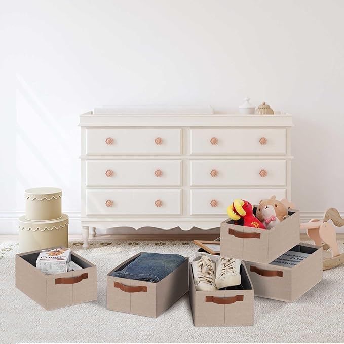 GhvyenntteS Small Fabric Storage Bins 12 Pack, 11.8" x 7.87" x 5.11" Storage Basket with Leather Handles, Closet Storage Bins for Shelves, Storage Baskets for Shelves, DVD Storage (Beige Yellow)