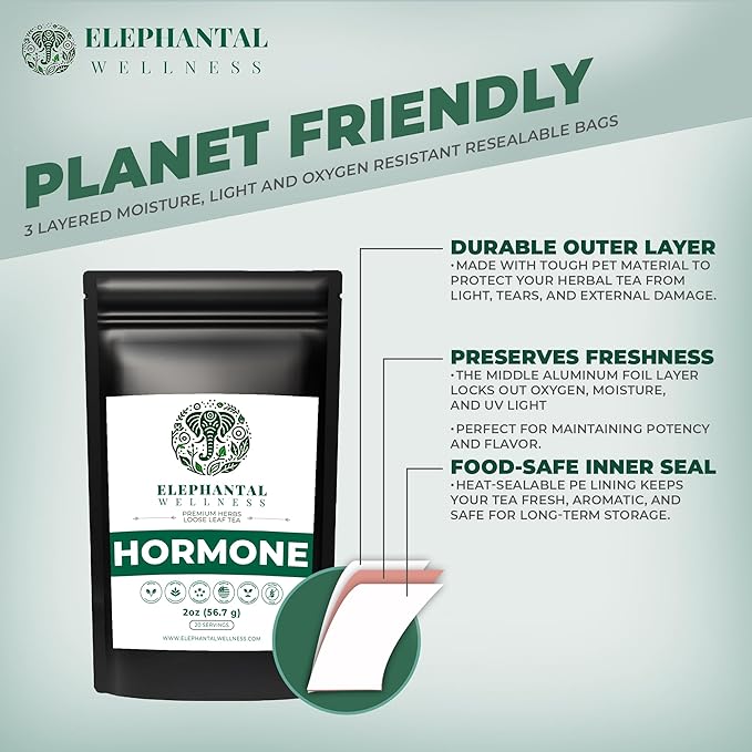 Elephantal Wellness Premium Hormone Herbal Tea | PCOS, Hormonal Balance & Mood Support with Chaste Berry, Shatavari, Dong Quai & Black Cohosh | Handmade, Non-GMO, Caffeine-Free Loose Leaf Blend | 2oz Loose Leaf, 20 Servings