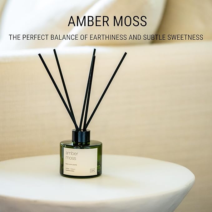 Craft & Kin Amber Moss Reed Diffuser | All Natural Essential Oil & Rattan Scent Sticks | Fall Reed Diffusers for Home, Bathroom | Long Lasting Home Fragrance in Green Glass, 3.4oz