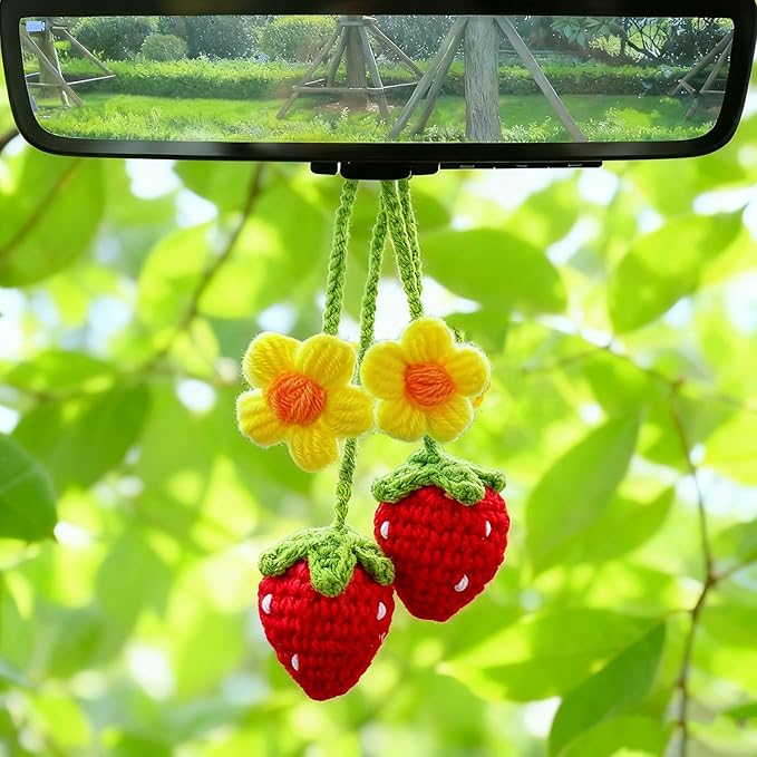 Crochet Strawberry and Flower Car Hanging Ornaments, Cute Aesthetic Rearview Mirror Hanging Accessories for Women and Girls, Handmade Polyester Fiber Car Decor 2-Pack (Red)