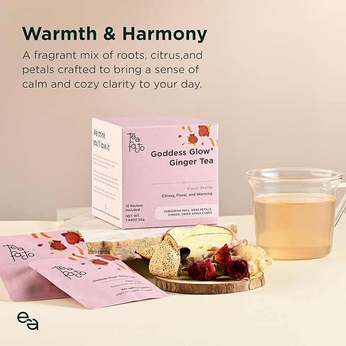 Tea Facto Goddess Glow* Ginger Tea Bags with Dried Ginger Roots, Tangerine Peels, Rose Petals, Dried Apples - Natural Fiber, Zero Added Sugar, Zero Caffeine - 10 Count