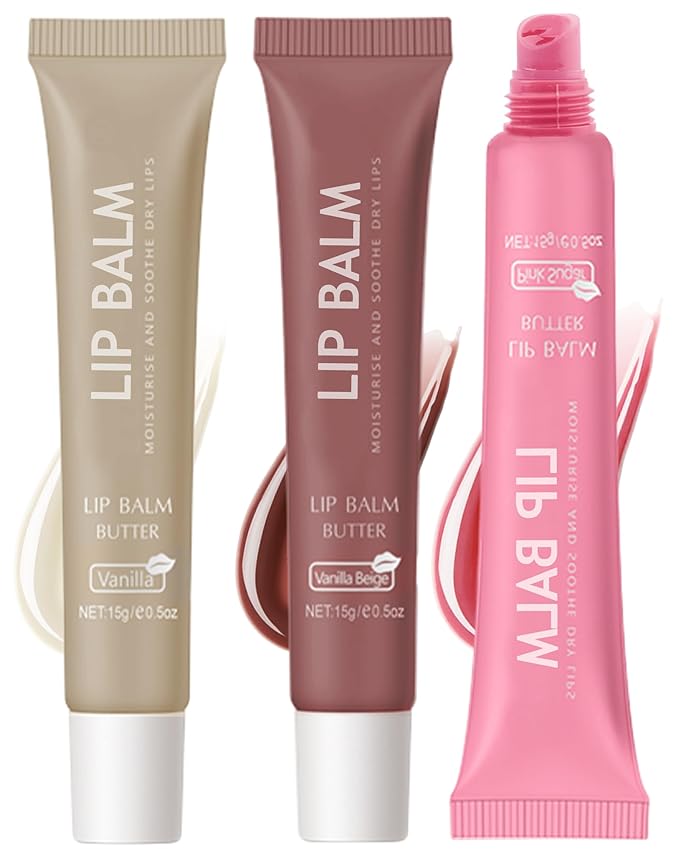 Butter Tinted Lip Balm-3 Colors Vanilla Beige Brown Pink Sugar Lip Gloss,Clear Jelly Yummy Tint Lip Stain,Long Lasting Hydrating Glow Reviver Lip Care Oil,Thanksgiving Makeup Gift for Women-Set A
