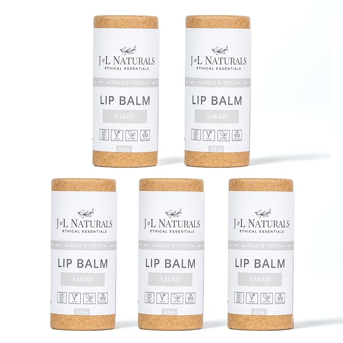 J&L Naturals Sustainable Lip Balm | Organic Ingredients, 100% Natural, Eco-Friendly | Cruelty Free, Vegan, Paraben Free, Silicone Free (Naked (Unscented), 5-Piece Bundle)