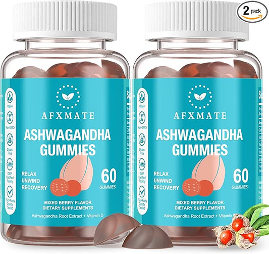 AFXMATE Ashwagandha Gummies & Vitamin D Gummies for Men & Women 120 Count Aswangdha Supplement (Non-GMO, Sugar Free & Gluten Free)