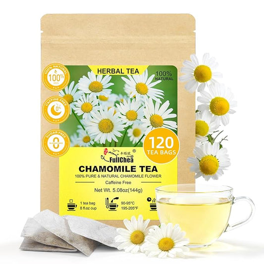 FullChea - Chamomile Tea bags, 120 Teabags, 1.2g/bag - Pure & Natural Chamomile Flowers - Caffeine-free Herbal Tea for Relaxation - Support Digestion & Boost Immune System