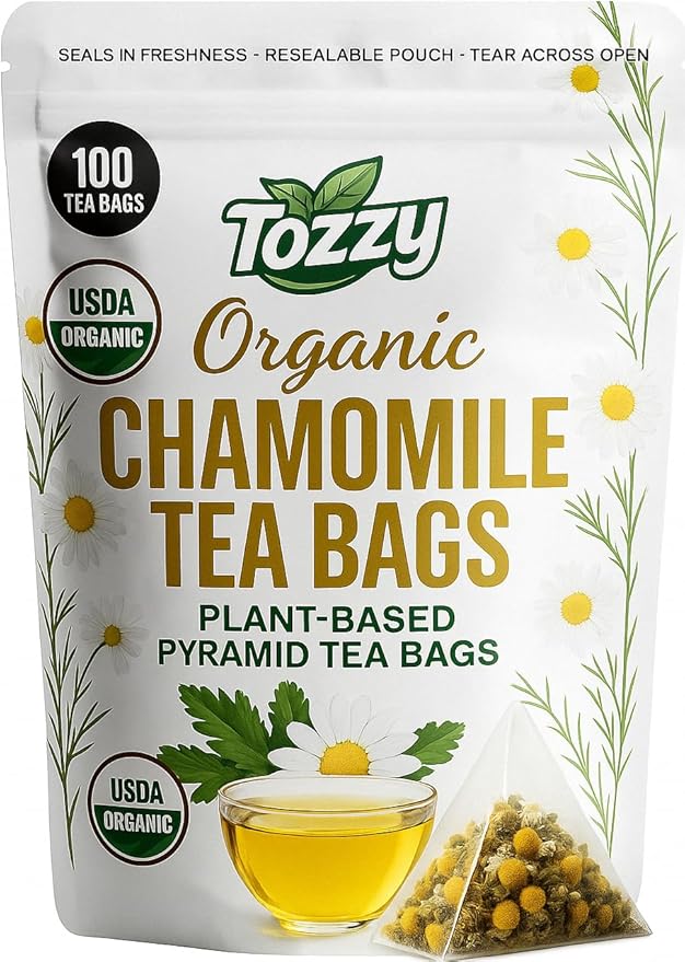 Tozzy Organic Chamomile Tea – 100 Count, Plant-Based Pyramid Tea Bags