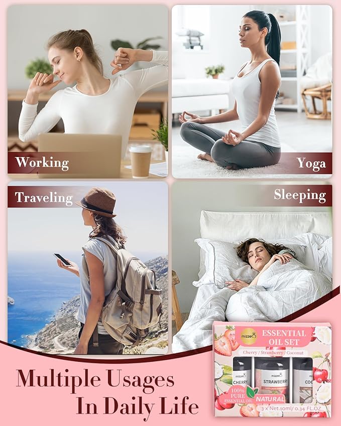 MIZZEO Fruity Essential Oil Set, Premium Pure & Natural Aromatherapy Essential Oils for Diffuser for Home, 3 * 10 ML Diffuser Oil Gift Set- Cherry,Strawberry,Coconut