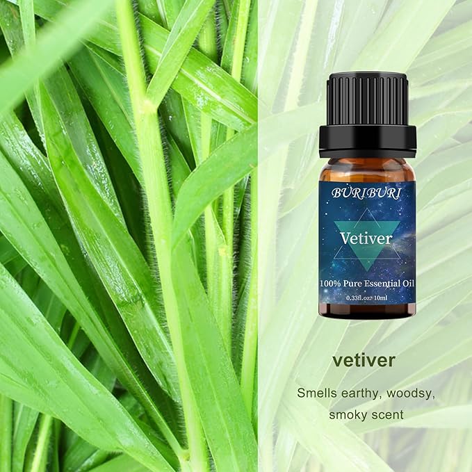 BURIBURI Vetiver Essential Oil Organic for Diffuser, Skin, Candle Soap Perfume Making - 100% Pure, Undiluted, Natural, Aromatherapy Vetiver Oils 10ML