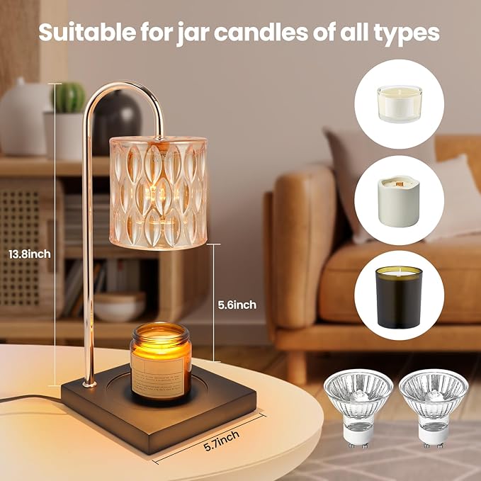 Dimmable Candle Warmer with Timer for Jar Candles, Glass Nightstand Lamp (2 Wax Warmer Bulbs)