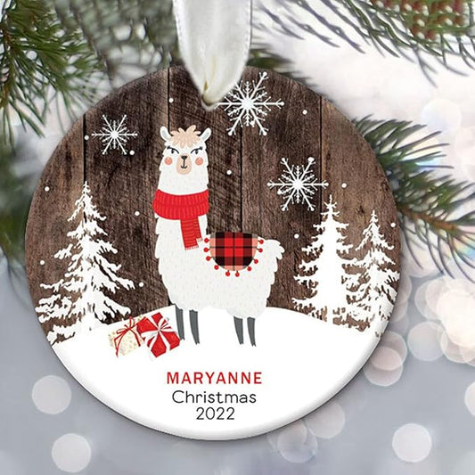Llama Christmas Keepsake, Alpaca First Christmas Keepsake, Personalized Christmas Ornament for him or her, Baby Boy Girl Fake Wood Ornament Style 10