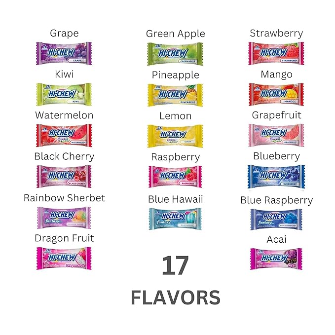 HI-CHEW Variety Mix, Pack of 6 Bags - 17 Flavor Assort Sweet and Sour Chewy Halloween Candy, Unique Fun Soft - Immensely Juicy Fruity Candy Flavors - Individually Wrapped for Sharing