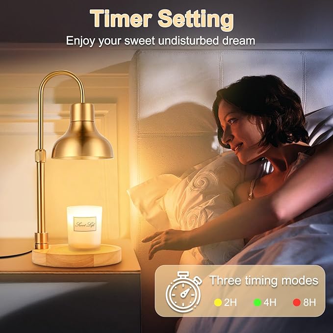 Candle Warmer Lamp with Timer & 3 Bulbs, Dimmable Electric Candle Light Adjustable Height and Brightness Candle Wax Warmer for Jar Candles Bedroom Home Decor House Warming Gift (Gold)