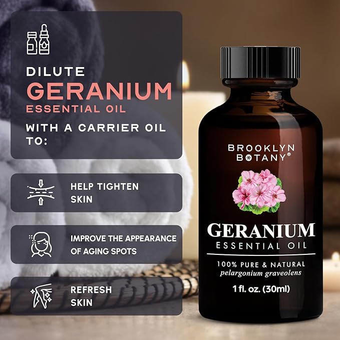 Brooklyn Botany Geranium Essential Oil - 100% Pure and Natural - Premium Grade Oil with Dropper - for Aromatherapy and Diffuser - 1 Fl Oz