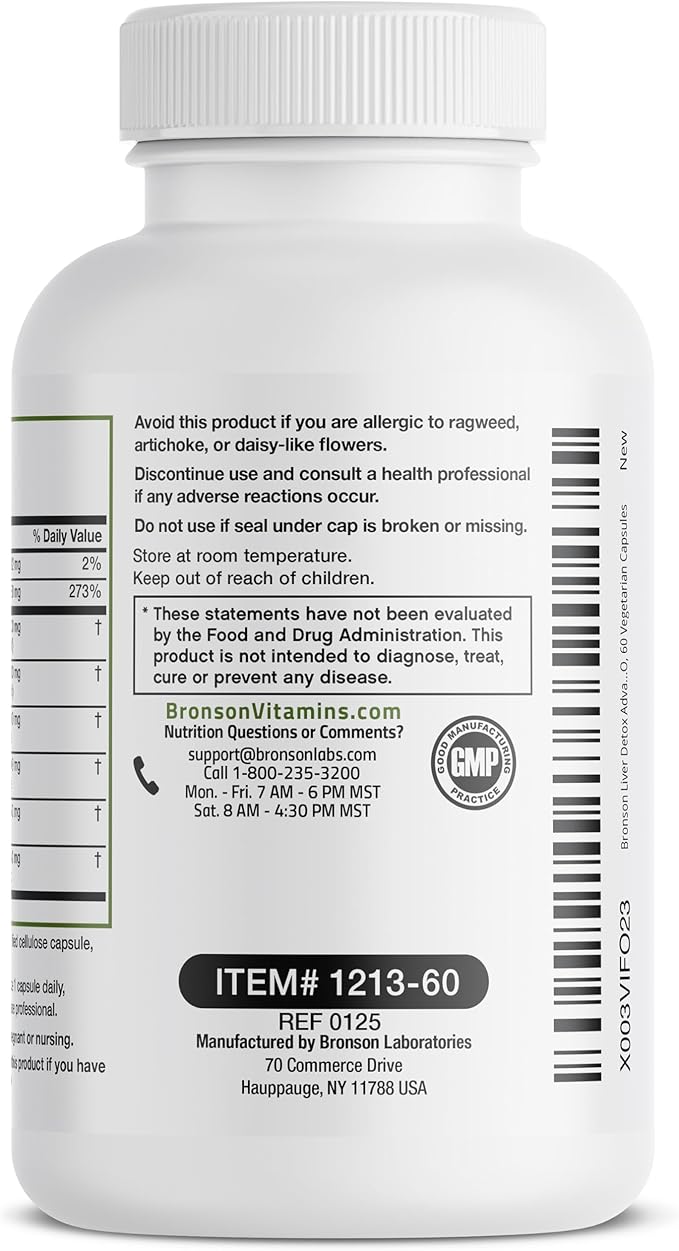 Bronson Liver Detox Advanced Detox & Cleansing Formula Supports Health Liver Function with Milk Thistle, Dandelion Root, Turmeric, Artichoke Leaf & More, Non-GMO, 60 Vegetarian Capsules