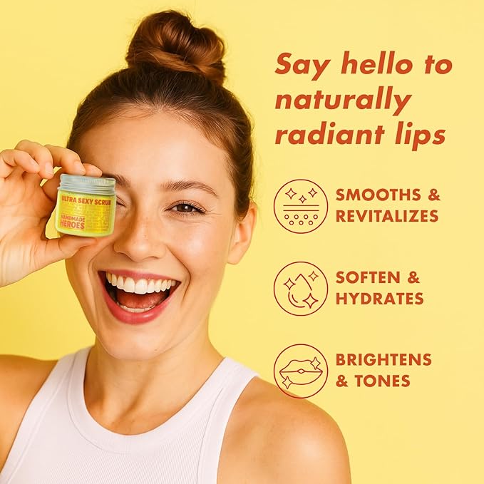 Handmade Heroes Turmeric Lip Scrub with Vitamin C – 100% Natural Vegan Exfoliant for Dark Dry Chapped Lips – Deep Conditioning Sugar Polish 1oz