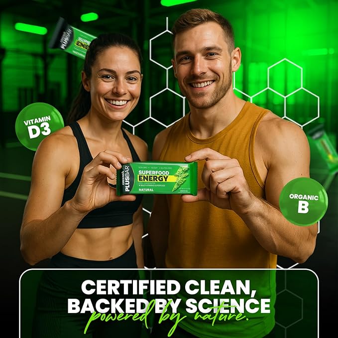 Greens+ Plusbar Energy, Natural, Gluten-Free Snack with Super Greens, Superfoods & Almond Butter, Vegan, Dairy-Free, Non-GMO, 10g Protein Meal Replacement, 12 Pack