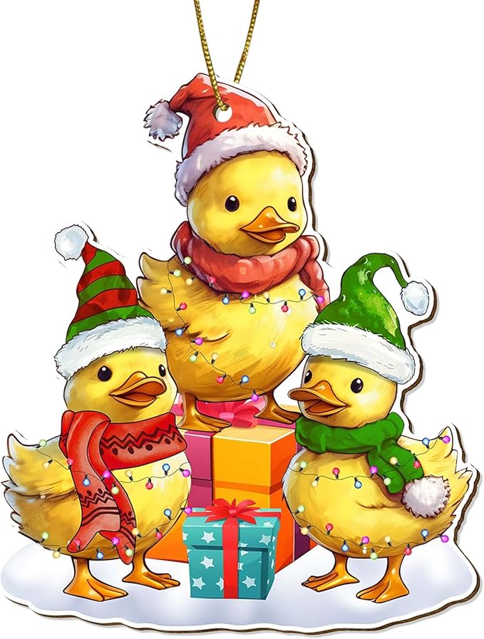 Family Duck Christmas Ornament for Christmas Tree, 2-Side Printed Flat Wooden Ornament, Farmhouse Christmas Decor, Farm Animal Gifts for Christmas Women