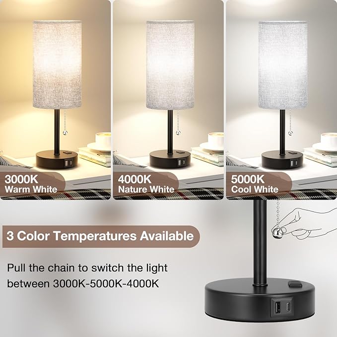 17.4Inches Grey Bedside Lamp for Bedroom Nightstand - Tall Table Lamp with USB A + C Charging Port & AC Outlet, 3 Color Temperatures Pull Chain Light, Side Table Desk Reading Lamp for Living Room