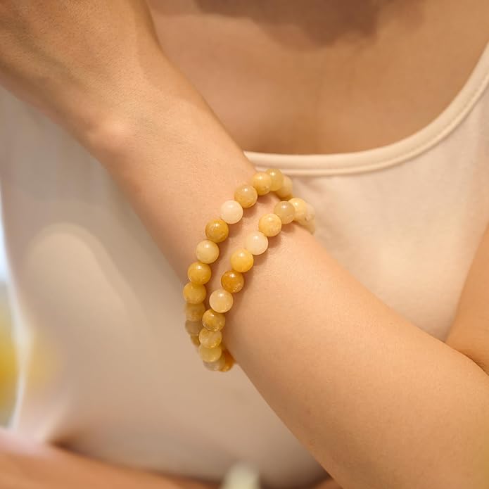 Bivei Natural Gemstone Semi Precious Healing Crystals Handmade Stretchy Round Beads Bracelet, Enhance Positive Energy