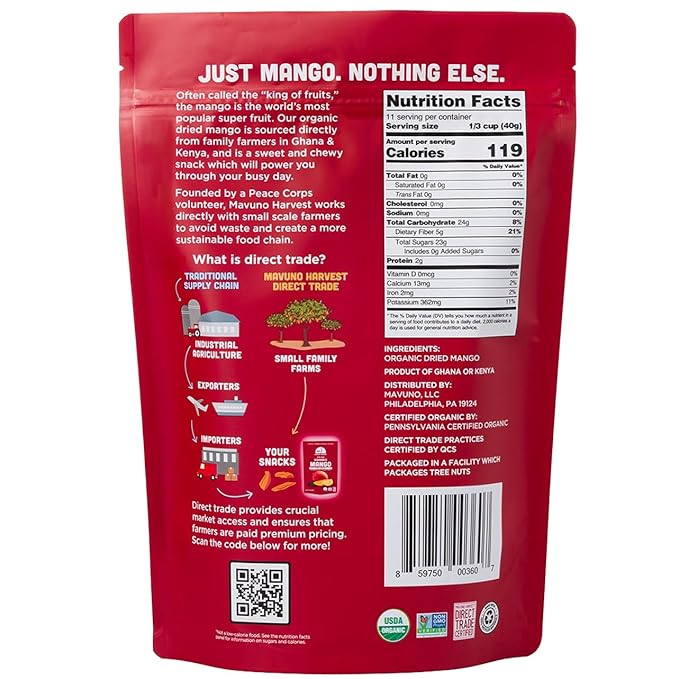 Mavuno Harvest Mango Dried Fruit Snacks | Unsweetened Organic Dried Mango Slices | Gluten Free Healthy Snacks for Kids and Adults | Vegan, Non GMO, Direct Trade | 1 Pound Resealable Bag