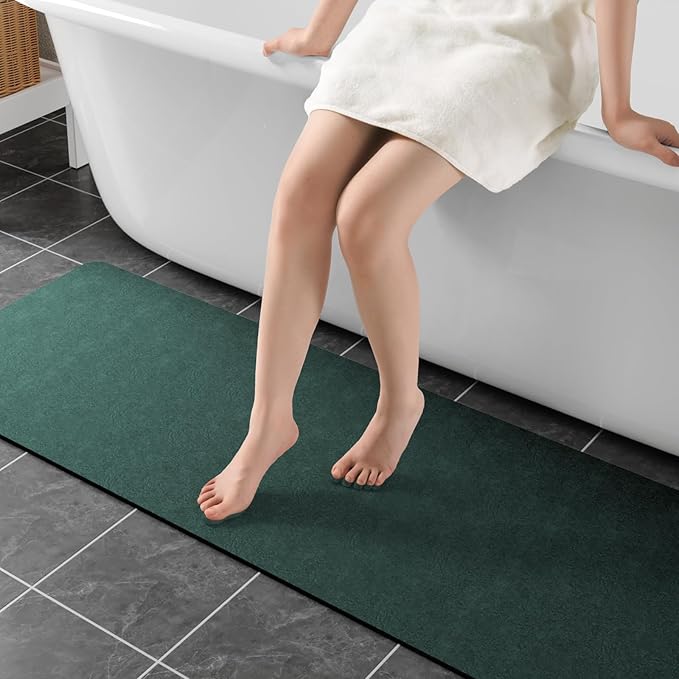 Bathroom Mat Rugs 47x17, Long Diatomaceous Earth Bath Mat Large Quick Dry Bath Mat Non Slip Rubber Backed Super Absorbent Shower Mat, Thin Bathroom Runner Rugs Floor Mat Fit Under Door, Dark Green