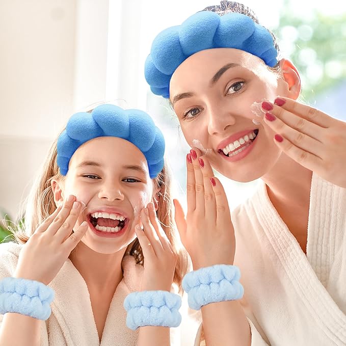 Zkptops Spa Headband for Washing Face Wristband Set Sponge Makeup Skincare Terry Cloth Bubble Soft Get Ready Hairband for Women Girl Puffy Padded Headwear Non Slip Thick Hair Accessory(Dark Blue)