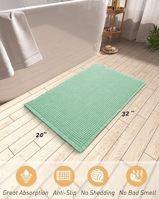 AMOAMI Upgraded Waffle Bath Mat, Super Absorbent Non Slip Bath Mats for Bathroom Floor, Machine Washable Bathroom Rugs with Tassels, Rubber Backed Bathroom Mats, Ultra Soft, 20" x 32", Sage