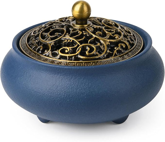 Ceramic Incense Burner with Incense Holder+ Fireproof Cotton,Handmade Smudging Burn Bowl for Stick or Coil Incense,Sage Cones, Frankincense and Mosquito Incense (Blue)