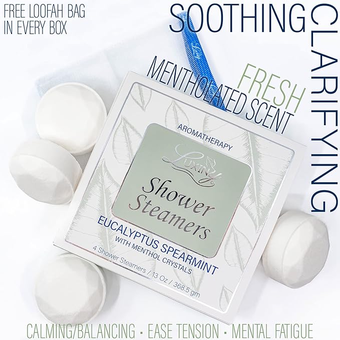 Eucalyptus Shower Steamer Aromatherapy in Your Shower, American Made by Luxiny, Shower Bomb Tablets Melt to Release a Vapor for Natural Stress Relief - Pack of 4 XL Steamers (Eucalyptus Spearmint)