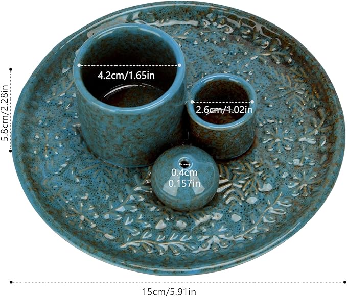 Ceramic Incense Holder Set with Decorative Tray, White, Intricate Pattern Design, 5.9x5.9x2 Inch, for Sticks, Cones, Palo Santo, Sage (Blue)