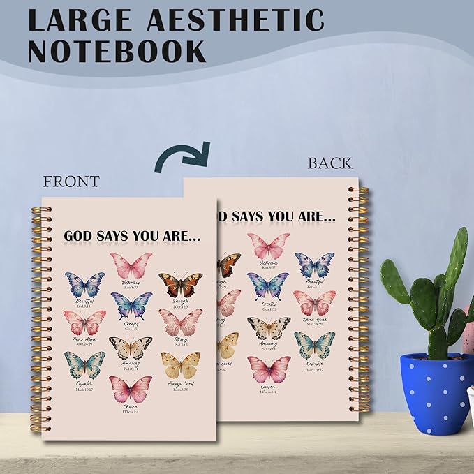 Butterfly Christian Spiral Notebooks, God Says You Are Bible Journal, Scripture Journals for Writing, Christian Gifts for Women, Religious Notebook for Note Taking, 5.5x8.3 Inch