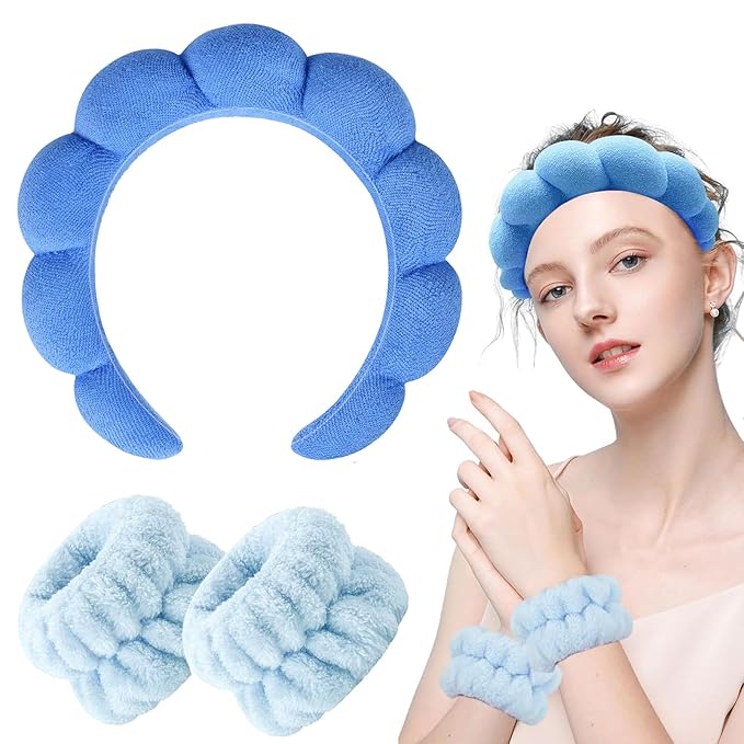 Zkptops Spa Headband for Washing Face Wristband Set Sponge Makeup Skincare Terry Cloth Bubble Soft Get Ready Hairband for Women Girl Puffy Padded Headwear Non Slip Thick Hair Accessory(Dark Blue)