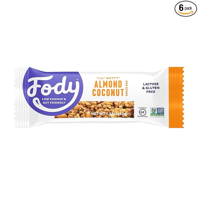 Fody Foods Snack Bars, Almond Coconut, 1.41 Oz (Pack of 6), 6g Protein, Low FODMAP, Gut & IBS Friendly, Vegan, Lactose Free, Non-GMO, Gluten Free