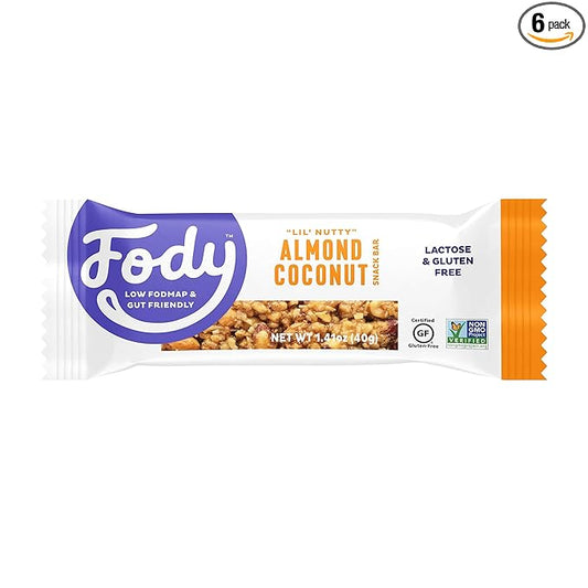 Fody Foods Snack Bars, Almond Coconut, 1.41 Oz (Pack of 6), 6g Protein, Low FODMAP, Gut & IBS Friendly, Vegan, Lactose Free, Non-GMO, Gluten Free