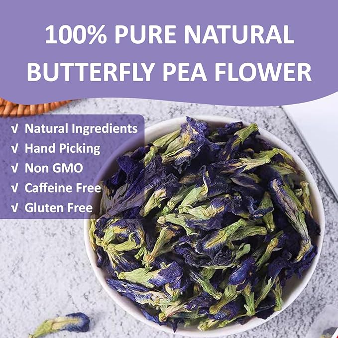 Ovikaso Tea, Butterfly Pea Flower Tea, 3.53 oz (300+ Cups), 100% Natural, Non-GMO, No Caffeine, Brew Hot or Iced tea, Baking, Cocktail, Herbal Tea