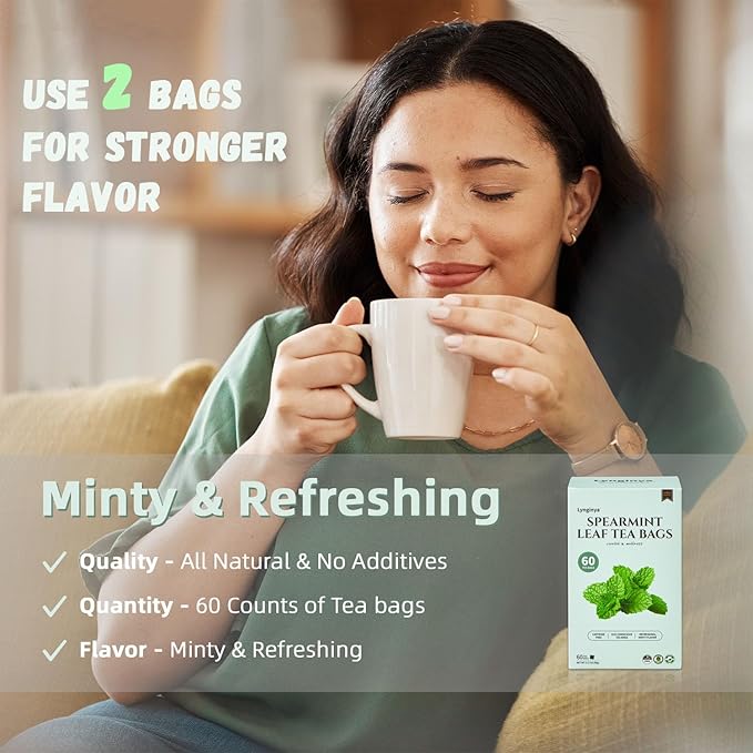Lynginya Spearmint Tea, 60 Tea Bags (Pack of 2) - Premium Spearmint Leaves - Natural Herbal Tea - Refreshing & Minty - No Sugar & No Caffeine - Total 120 Bags