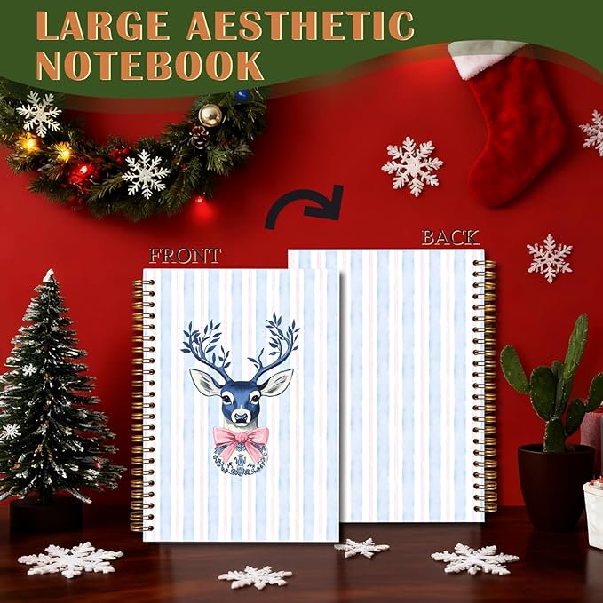 Exqcom Blue Chinoiserie Christmas Deer Spiral Notebook Gifts, Preppy Pink Bow Xmas Deer Journal for Women, Grandmillennial Christmas Hardcover Notebook Journal Office School Supplies, 5.5x8.3 Inch