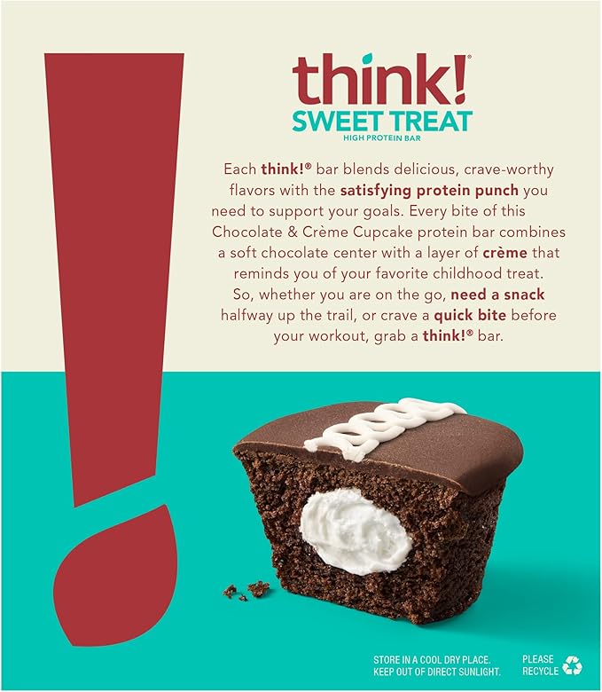 think! Protein Bars, High Protein Snacks, Gluten Free, Kosher Friendly, Sweet Treat, Chocolate & Creme Cupcake, 10 Count (Packaging May Vary)