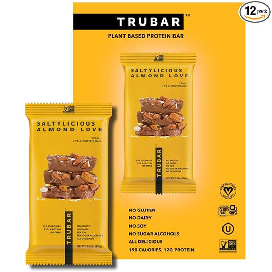 TRUBAR Vegan Protein Bar, Saltylicious Almond Love, Gluten Free, Plant Based, High Fiber, Dairy Free, Low Fat, Non GMO, No Sugar Alcohols, 12G Lean Protein, 13G Fiber, Healthy Snack Bars, 12 CT